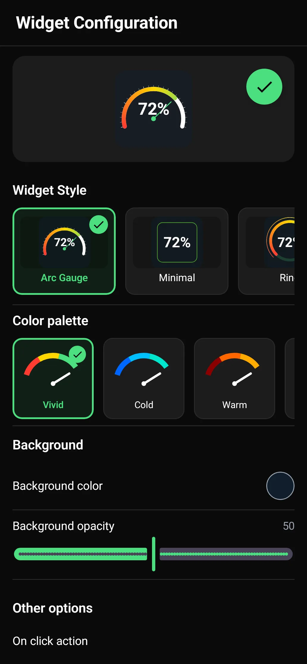 Widget configuration screen for colors, sizes and backgrounds