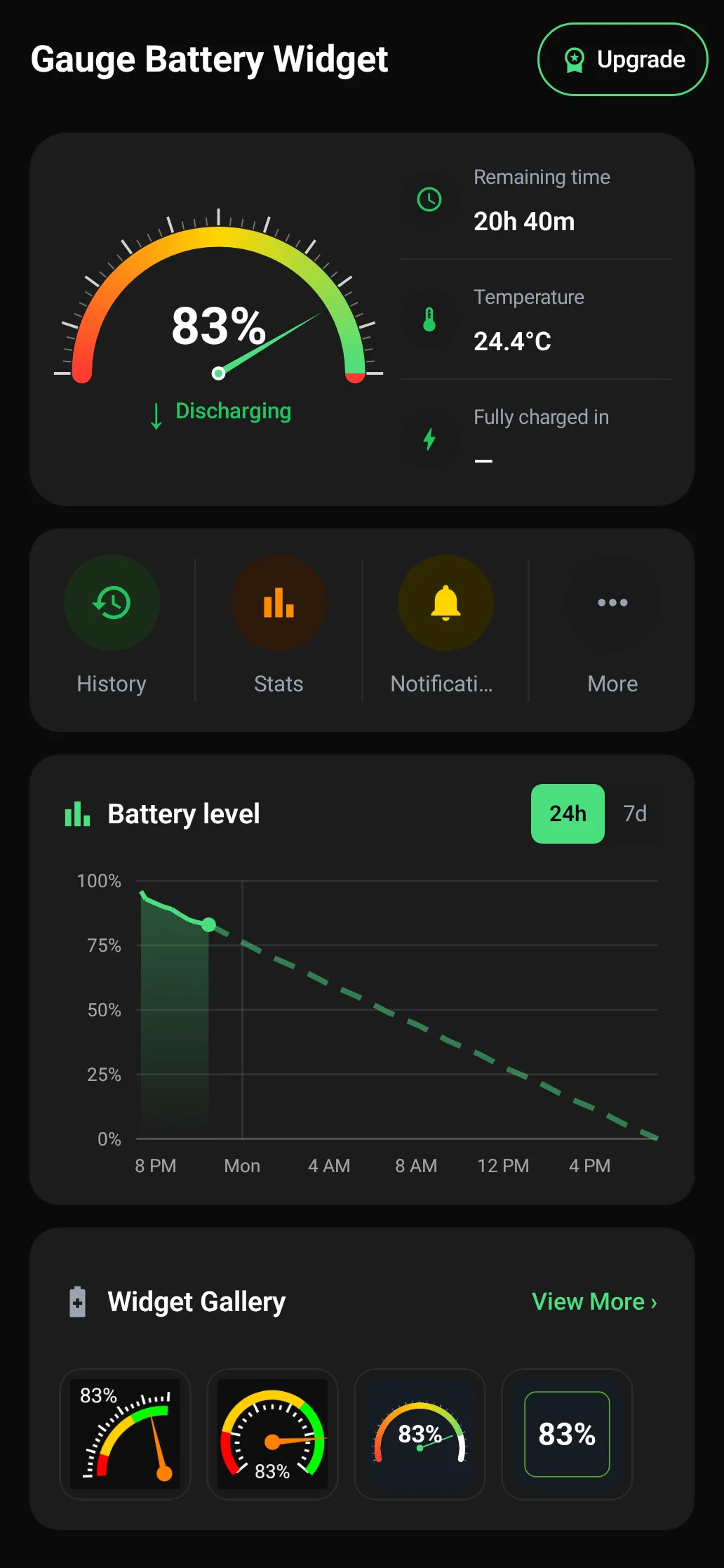 Gauge Battery Widget main screen showing level, temperature, voltage and charge time