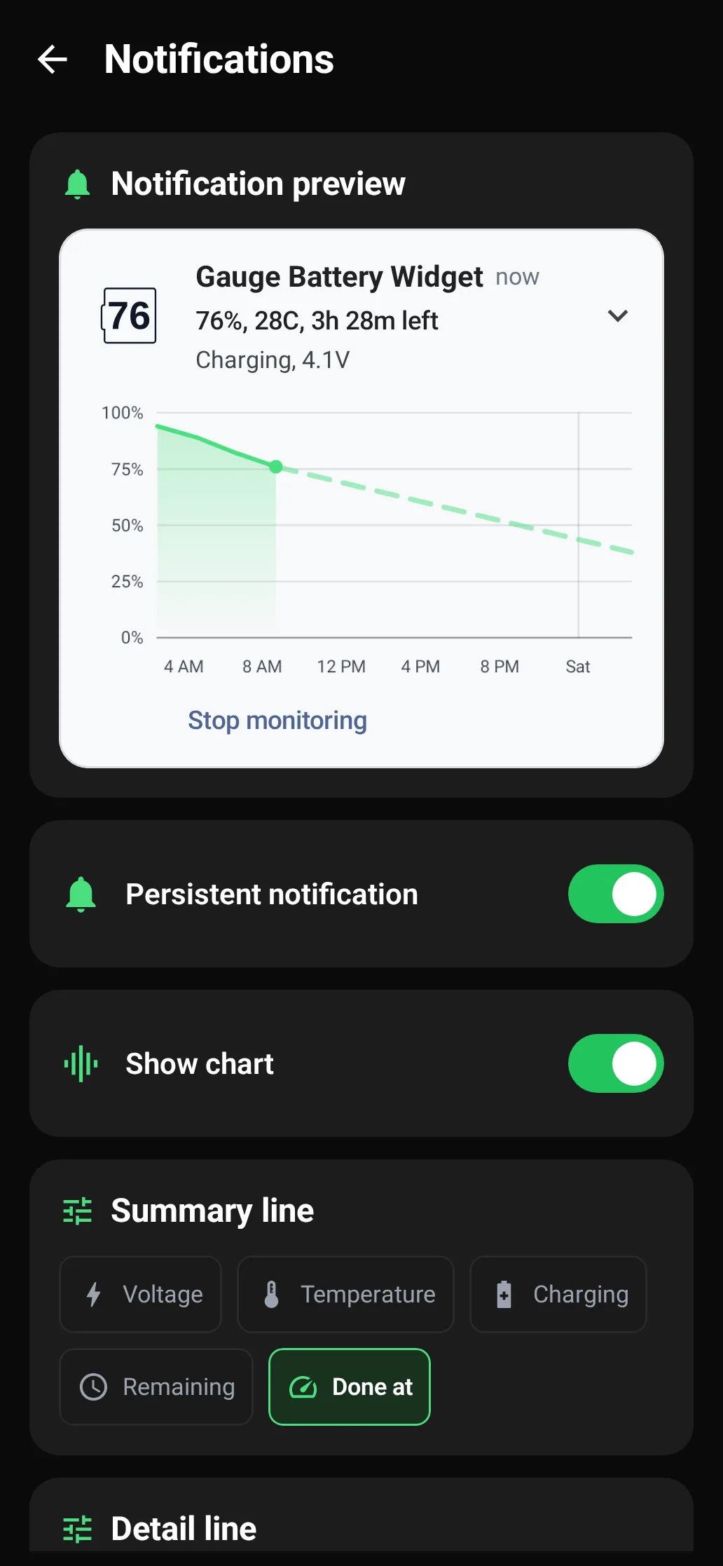 Gauge Battery Widget notification graph with live battery information